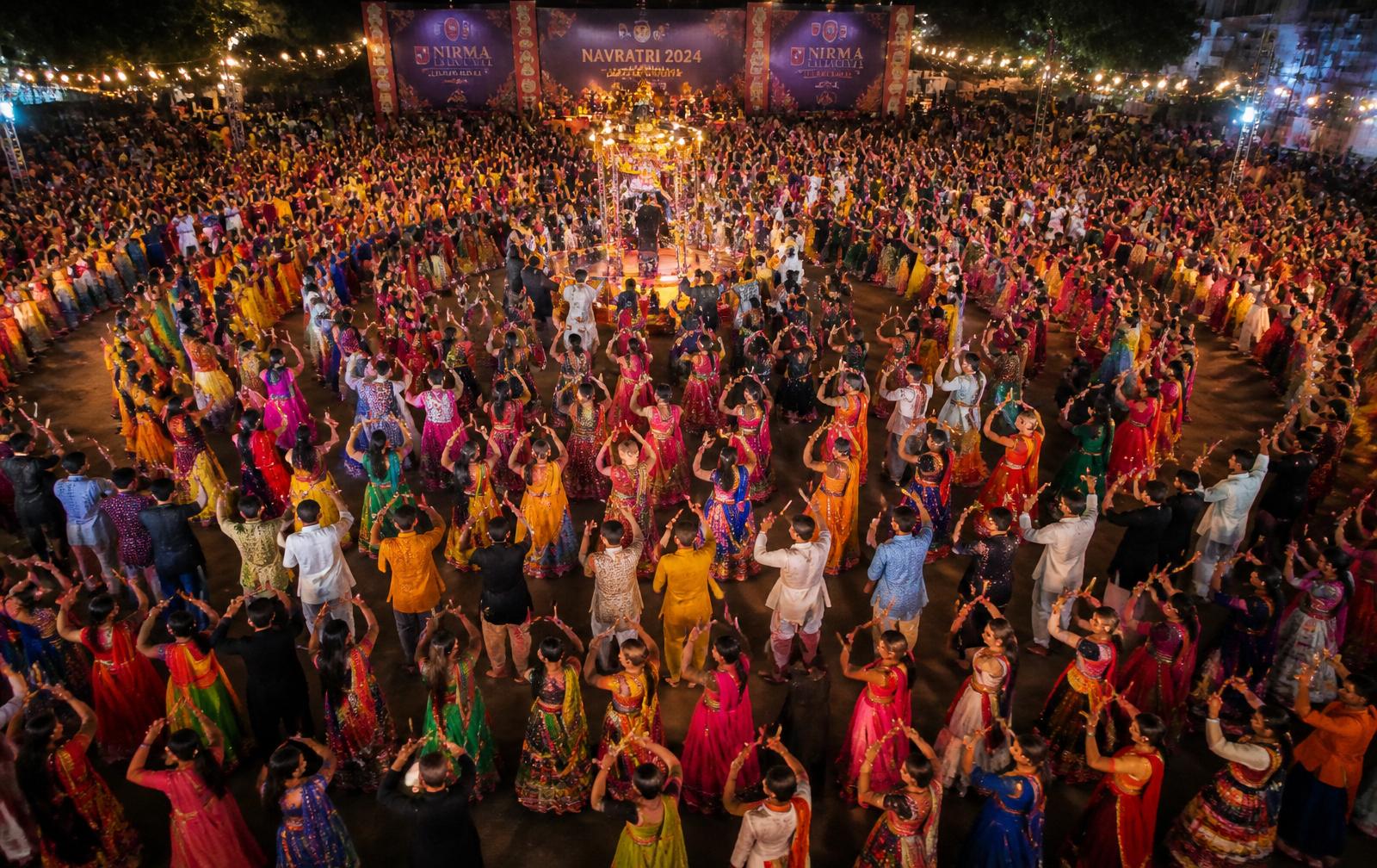 Overhead view of thousands of students dancing Garba in circles