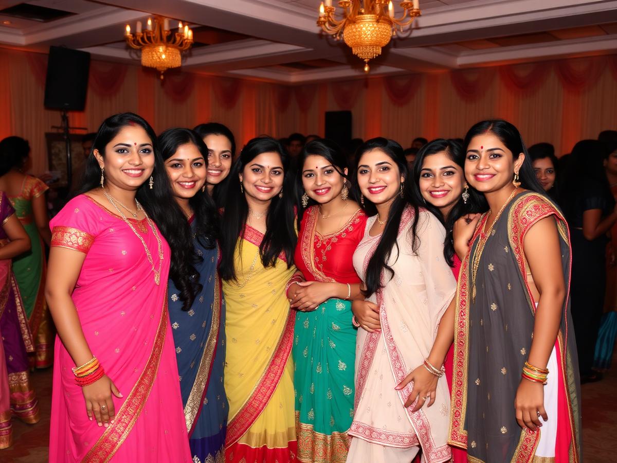 A group of friends smiling in traditional festive outfits