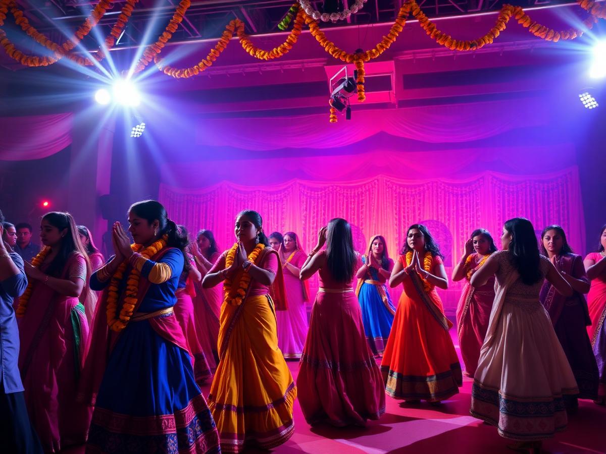 Garba stage with warm lights and marigold decor