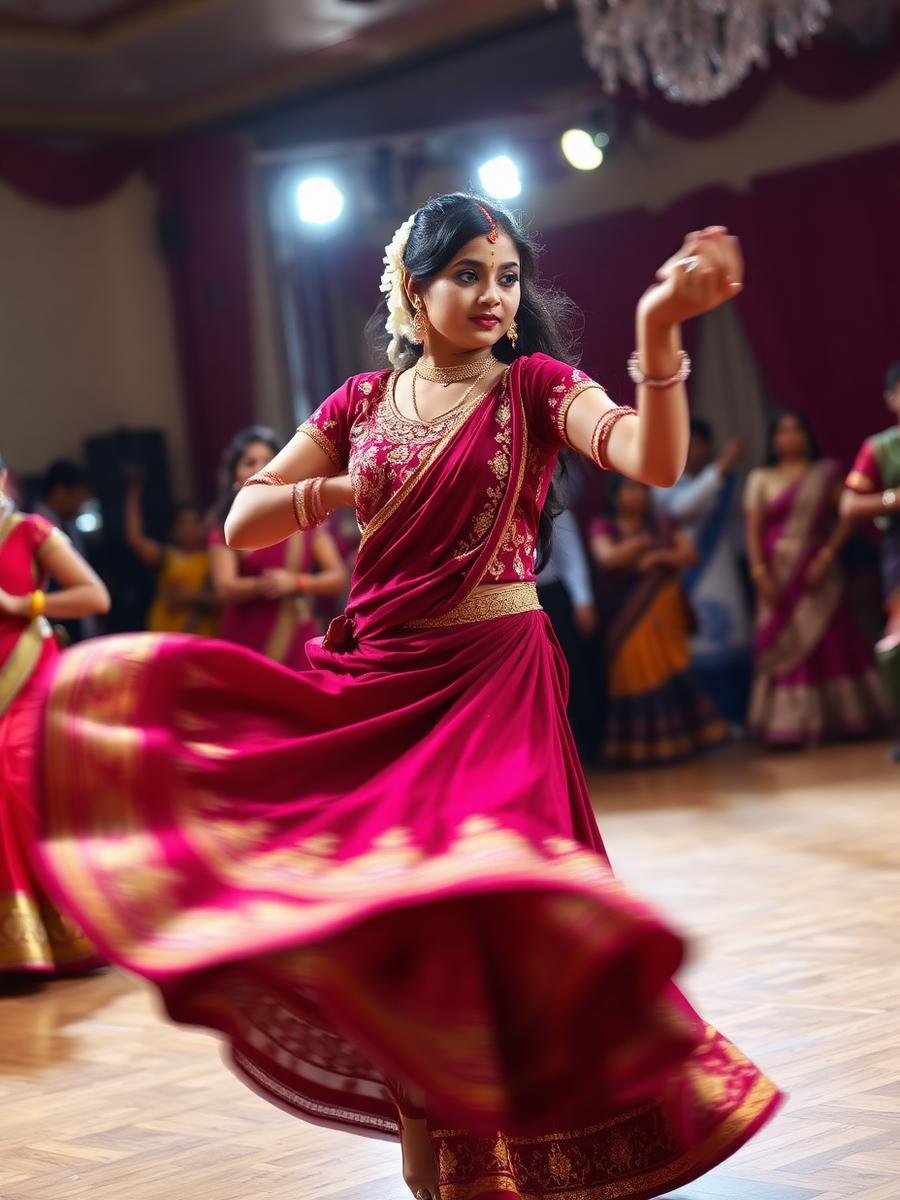 A student twirling in a mirror-work chaniya choli